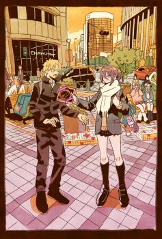 Rule 34 | 4boys, 4girls, angel devil (chainsaw man), angel wings, backpack, bag, bench, black hair, black jacket, black pants, black shoes, black skirt, black socks, black suit, blonde hair, blue bag, blue jacket, blush, bomb devil (chainsaw man), box, brown hair, brown sweater, car, casual, chainsaw man, character charm, charm (object), city, closed mouth, commentary request, demon girl, denji (chainsaw man), eating, fangs, formal clothes, full body, gakuran, gift, gift box, gold buttons, green eyes, hair between eyes, hair bun, hair ornament, hairclip, halo, hayakawa aki, higashiyama kobeni, highres, holding, holding box, holding gift, hood, hood up, horns, jacket, loafers, long hair, looking at another, loose socks, low ponytail, makima (chainsaw man), medium hair, motor vehicle, multiple boys, multiple girls, necktie, open mouth, outdoors, pants, pink sweater, plaid clothes, plaid skirt, pleated skirt, pochita (chainsaw man), ponytail, power (chainsaw man), purple hair, red horns, red necktie, red skirt, reze (chainsaw man), scarf, school uniform, sharp teeth, shoes, short hair, short ponytail, sitting, skirt, smile, socks, sparkle, suit, sweater, takeuchi ryousuke, teeth, traditional halo, updo, valentine, violence fiend (chainsaw man), white scarf, white socks, wings