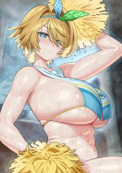 1girl absurdres arm_up blonde_hair blue_eyes blush bow_hairband breast_curtains breasts cheerleader closed_mouth commentary_request earrings girls'_frontline girls'_frontline_2:_exilium hairband highres holding holding_pom_poms huge_breasts jewelry maruko_tooto mole mole_under_eye multicolored_hairband navel nikketa_(girls'_frontline_2) pom_pom_(cheerleading) pom_poms revision sailor_collar short_hair sideboob sitting snowflake_earrings solo sweat two-tone_hairband vsk-94_(dance_like_the_blazing_sun)_(girls'_frontline) vsk-94_(girls'_frontline) white_sailor_collar
