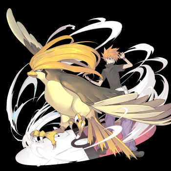 1boy absurdres black_background black_shirt black_shoes blue_oak brown_hair commentary full_body gen_1_pokemon grin highres hiro_(user_negm3832) holding holding_poke_ball nintendo pants pidgeot poke_ball pokemon pokemon_(creature) pokemon_frlg purple_pants shirt shoes short_sleeves smile wristband