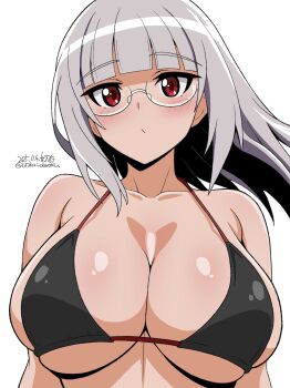 1girl absurdres black_bra blush bra breasts collarbone glasses heidimarie_w._schnaufer highres large_breasts long_hair red_eyes simple_background solo strike_witches underwear unkai_daraku upper_body white_background white_hair world_witches_series
