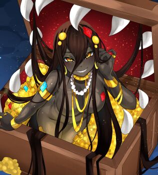 1girl absurdres armlet black_skin bracelet breasts brown_hair coin colored_skin commentary double-parted_bangs english_commentary from_above gold_armlet gold_bracelet gold_coin gold_necklace hair_between_eyes hair_ornament hand_up highres jewelry large_breasts leiden_yaegore long_hair looking_at_viewer mimic mimic_chest necklace no_nipples original pearl_necklace sharp_teeth smile solo teeth treasure_chest very_long_hair yellow_eyes