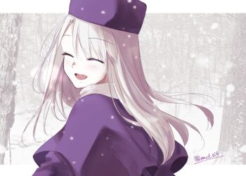 1girl closed_eyes coat commentary_request facing_viewer fate/stay_night fate_(series) forest grey_hair hat illyasviel_von_einzbern long_hair mct nature open_mouth outdoors smile snow snowing solo winter winter_clothes