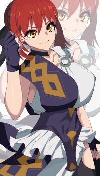 1girl bare_shoulders black_gloves black_thighhighs blue_ribbon braid breasts choker commentary_request dress elbow_gloves fate/strange_fake fate_(series) fingerless_gloves gloves hair_bun hair_ribbon highres hippolyta_(fate) large_breasts looking_at_viewer medium_hair puti_tomato19 red_hair ribbon sash sidelocks smile thighhighs white_dress yellow_eyes zoom_layer