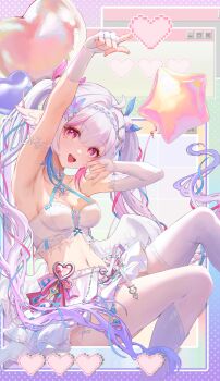 :d absurdres arm_up armpits artist_request asymmetrical_gloves balloon bra breasts chinese_commentary commentary_request commission cross-shaped_pupils elbow_gloves feathered_wings fingerless_gloves gloves gradient_background head_wings heart heart_balloon highres indie_virtual_youtuber long_hair low_wings medium_breasts miniskirt navel neeko_(vtuber) open_mouth pink_eyes pixel_heart polka_dot polka_dot_background rainbow_background second-party_source single_elbow_glove single_thighhigh sitting skirt smile star_balloon symbol-shaped_pupils teeth thighhighs twintails underwear uneven_gloves upper_teeth_only virtual_youtuber white_bra white_gloves white_hair white_skirt white_thighhighs white_wings window_(computing) wings