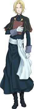 1boy blonde_hair book boots closed_mouth full_body gloves highres holding holding_book iwamoto_tatsurou official_art purple_eyes sash shin_megami_tensei shin_megami_tensei:_liberation_dx2 simple_background solo standing third-party_source transparent_background vagit_chukhov white_gloves
