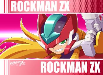 1boy absurdres armor blonde_hair energy_gun forehead_jewel green_eyes gun helmet highres holding holding_gun holding_weapon ligoniblack long_hair male_focus mega_man_(series) mega_man_zx model_zx_(mega_man) parted_lips pink_background red_armor red_helmet smirk solo upper_body vent_(mega_man) weapon