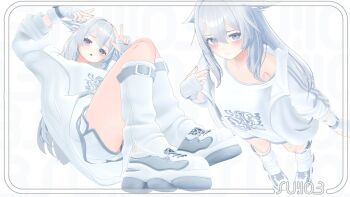 1girl 3d animal_ear_fluff animal_ears double_v fingerless_gloves from_above from_below gloves grey_eyes grey_hair grey_nails highres jacket leg_warmers long_hair looking_at_viewer multiple_views off_shoulder open_mouth original shirt shoes shorts smile sneakers sui_chaso v very_long_hair vrchat white_footwear white_gloves white_jacket white_leg_warmers white_shirt white_shorts