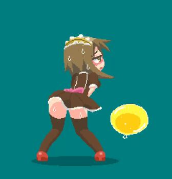 1girl animated animated_gif ao_kurage apron ass_shake bladder blush bow brown_eyes brown_hair embarrassed from_behind have_to_pee looping_animation maid maid_apron maid_headdress original panties pee pink_bow pixel_art red_footwear skirt solo sweat sweatdrop thighhighs underwear upskirt white_panties