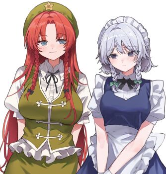 2girls apron arms_behind_back black_bow black_ribbon blue_eyes blue_skirt blue_vest bow braid breasts chinese_clothes closed_mouth cowboy_shot curtained_hair dress_shirt frilled_apron frilled_hairband frilled_shirt frills green_hat green_skirt green_vest grey_eyes hair_bow hairband hat highres hong_meiling izayoi_sakuya large_breasts light_frown long_hair looking_at_another maid maid_apron maid_headdress medium_breasts multiple_girls own_hands_together red_hair ribbon sarukana shirt short_sleeves sideways_glance simple_background skirt smile touhou twin_braids very_long_hair vest white_apron white_background white_hair white_hairband white_shirt wing_collar
