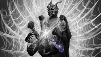 Rule 34 | 1other, absurdres, arm tattoo, beanszzz, black skin, colored skin, demon horns, extra arms, extra digits, highres, horns, mask, partially colored, shadow slave, sharp teeth, silk, solo, spider web, tattoo, teeth, upper body, weaver (shadow slave)