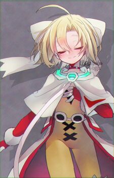 1girl ahoge blaster_master_zero_2 blonde_hair closed_eyes elfie_(blaster_master_zero) fingerless_gloves gloves medium_hair simple_background solo twitter_username zukoko_rkgk