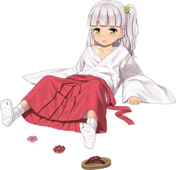 1girl blunt_bangs flower full_body green_eyes grey_hair hair_flower hair_ornament hakama hakama_skirt japanese_clothes jiji_(aardvark) kantai_collection kimono maestrale_(kancolle) maestrale_(miko)_(kancolle) miko official_art one-piece_tan one_side_up red_hakama sandals sitting skirt socks solo tabi tan tanline transparent_background white_kimono white_socks wide_sleeves