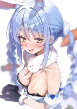 Rule 34 | 1girl, animal ears, black gloves, blue hair, blush, braid, breasts, carrot hair ornament, cleavage, coat, coat dress, commentary request, detached sleeves, don-chan (usada pekora), dress, extra ears, food-themed hair ornament, fur-trimmed gloves, fur scarf, fur trim, gloves, hair ornament, highres, hololive, leotard, leotard under clothes, long hair, looking at viewer, medium breasts, multicolored hair, nyarurato0debu, open mouth, orange eyes, puffy detached sleeves, puffy short sleeves, puffy sleeves, rabbit-shaped pupils, rabbit ears, rabbit girl, scarf, short eyebrows, short sleeves, sidelocks, simple background, smile, solo, strapless, strapless leotard, symbol-shaped pupils, thick eyebrows, transparent background, twin braids, two-tone hair, usada pekora, usada pekora (1st costume), virtual youtuber, white coat, white hair, white scarf, white sleeves
