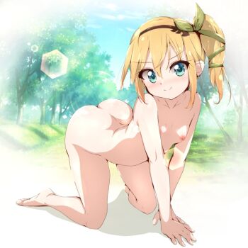 all_fours ass blonde_hair blush breasts closed_mouth collarbone completely_nude convenient_censoring day edna_(tales) embarrassed excited eyelashes forest full_body green_eyes loli looking_at_viewer medium_hair nature nipples nude outdoors ponytail side_ponytail small_breasts smile tales_of_(series) tales_of_zestiria yuzukiaz