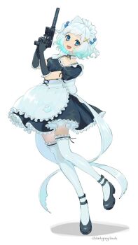 1girl alternate_costume apron black_dress black_gloves black_shoes blue_eyes commentary darkgreyclouds dress english_commentary full_body gloves gradient_hair green_hair gun hair_ornament hands_up holding holding_gun holding_weapon indie_virtual_youtuber looking_at_viewer maid maid_headdress mary_janes mint_fantome multicolored_hair open_mouth puffy_short_sleeves puffy_sleeves shadow shoes short_sleeves simple_background smile solo thighhighs virtual_youtuber waist_apron weapon weapon_request white_background white_hair white_thighhighs x_hair_ornament zettai_ryouiki