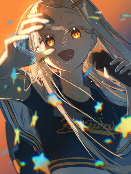 1girl :d black_shirt blurry blurry_foreground blush breasts campus_mode!!_(idolmaster) clothes_writing collarbone colored_eyelashes commentary_request cropped_shirt depth_of_field earrings gakuen_idolmaster glowing glowing_eyes gradient_background grey_hair hair_ornament hairclip hands_up highres holding holding_microphone idolmaster jacket jacket_on_shoulders jewelry long_hair looking_at_viewer microphone midriff n4_ika open_mouth orange_background orange_eyes parallel_hairclips shinosawa_hiro shirt signature small_breasts smile solo star_(symbol) stud_earrings sweat upper_body