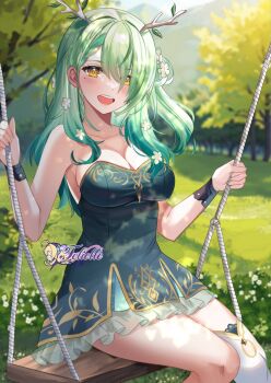1girl antlers armpits artist_name bare_shoulders blush braid braided_bangs breasts ceres_fauna ceres_fauna_(1st_costume) cleavage collarbone commentary dot_nose dress felielle flower framed_breasts frilled_skirt frills garden gradient_hair grass green_dress green_hair hair_flower hair_ornament hair_over_one_eye hair_over_shoulder holding holding_rope hololive hololive_english horns knees_together_feet_apart large_breasts layered_skirt long_hair looking_at_viewer mole mole_under_eye multicolored_hair on_swing open_mouth outdoors petal_on_head rope short_dress single_thighhigh sitting skirt skirt_set smile solo swing swing_set symbol-only_commentary thighhighs tree tree_horns virtual_youtuber watermark wristband yellow_eyes