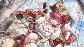 1girl :d armpits arrow_through_heart artist_request bird black_gloves black_hat black_shorts black_thighhighs blue_sky blush boots bow breasts center_frills cleavage cloud coat coat_on_shoulders commentary_request copyright_notice day dutch_angle epaulettes eyepatch fingerless_gloves frills fur-trimmed_coat fur_trim gloves gold_trim hair_bow hat highres hololive hololive_dreams houshou_marine knee_boots lapels large_breasts long_hair looking_at_viewer notched_lapels ocean official_alternate_costume official_art open_mouth outdoors outstretched_arm pirate_hat pointing pointing_forward red_boots red_bow red_coat red_hair seagull shirt short_shorts shorts single_thighhigh sky sleeveless sleeveless_shirt smile solo stepping_on_object thighhighs torn_clothes torn_thighhighs twintails virtual_youtuber white_shirt yellow_eyes