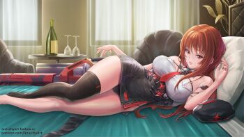 Rule 34 | 1girl, anarchyart, bed, bedroom, beret, black hat, black skirt, bottle, breasts, closed mouth, cup, curtains, drinking glass, foot out of frame, goddess of victory: nikke, gun, hat, highres, large breasts, looking at viewer, lying, necktie, on side, rapi (nikke), rapi (red hood) (nikke), red eyes, red hair, red necktie, single thighhigh, skirt, solo, thighhighs, thighs, unworn hat, unworn headwear, weapon, window, wine glass