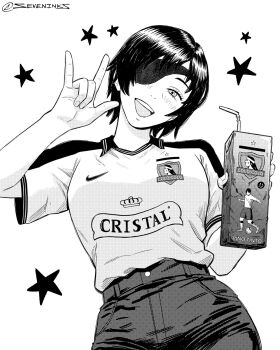 1girl \m/ breasts cerveza_cristal chainsaw_man colo_colo commentary_request drink_carton emblem eyepatch head_tilt high-waist_pants highres himeno_(chainsaw_man) holding holding_drink_carton large_breasts nike_(company) open_mouth pants seveninks shirt_tucked_in smile solo spanish_commentary star_(symbol) upper_body