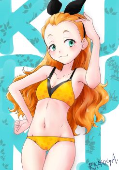 1girl :3 artist_name bikini black_hairband blue_eyes bow_hairband breasts commentary_request cowboy_shot forehead groin hairband highres kasuga_rurito kurumi_(lycoris_recoil) lycoris_recoil navel orange_hair small_breasts solo swimsuit thigh_gap yellow_bikini