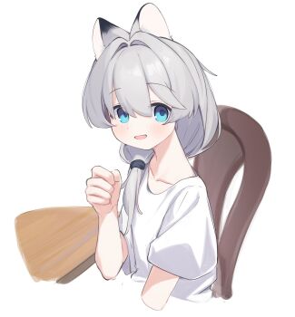 1girl :d animal_ear_fluff animal_ears blue_eyes blush chair collarbone commentary_request cropped_torso grey_hair hair_over_shoulder hand_up highres long_hair looking_at_viewer low_ponytail on_chair open_mouth original ponytail riya_(01214) shirt short_sleeves simple_background smile solo upper_body white_background white_shirt wolf_ears