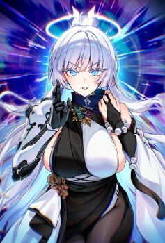 1girl absurdres bead_bracelet beads black_gloves black_pantyhose blue_eyes blue_scarf bracelet breasts bridal_gauntlets commentary cowboy_shot cross-shaped_pupils earrings foxyreine gloves goddess_of_victory:_nikke grey_hair halo hat highres jewelry large_breasts long_hair looking_at_viewer mechanical_arms mole mole_on_breast nayuta_(nikke) pantyhose parted_lips scarf sideboob single_mechanical_arm solo symbol-shaped_pupils thick_eyelashes v-shaped_eyebrows very_long_hair white_hair