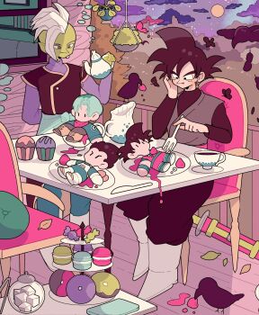 5boys armor bandana bandana_around_neck bird black_bodysuit black_eyes black_hair black_pants blue_footwear blue_hair blue_jacket blue_pants blue_sash blue_shirt bodysuit boots bug butterfly cabin candy chair colored_skin crow cup cupcake donut dougi dragon_ball dragon_ball_super earrings eating falling_leaves food fork fruit goku_black green_skin grey_eyes highres insect jacket jewelry knife leaf long_sleeves looking_at_object macaron mohawk multiple_boys orange_pants ozi_nizi pants pillow plant pointy_ears potara_earrings pouring purple_shirt red_bandana red_sash saiyan saiyan_armor sash scenery shirt short_hair sitting smile son_goku spiked_hair strawberry sugar_cube sword table tea tea_party teacup teapot tongue tongue_out trunks_(dragon_ball) trunks_(future)_(dragon_ball) vegeta weapon white_footwear white_hair zamasu