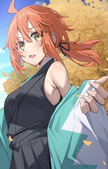 1girl absurdres ahoge aqua_haori bare_shoulders black_hakama black_shirt blue_sky blush breasts fate/grand_order fate_(series) fujimaru_ritsuka_(female) fujimaru_ritsuka_(female)_(teal_uniform) hakama haori highres japanese_clothes long_sleeves looking_at_viewer medium_breasts off_shoulder one_side_up open_mouth orange_eyes orange_hair ponytail shirt short_hair sidelocks sky sleeveless sleeveless_shirt smile solo toukan tree wide_sleeves