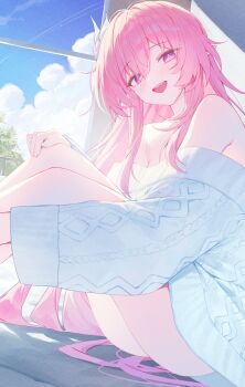 1girl alternate_costume blue_sky cloud cyrene_(honkai:_star_rail) cyrene_(ripples_of_past_reverie)_(honkai:_star_rail) highres honkai:_star_rail honkai_(series) huhi_(huhi_1211) indoors knees_up long_hair long_sleeves looking_at_viewer open_mouth pink_hair pointy_ears purple_eyes sitting sky smile solo sweater teeth upper_teeth_only very_long_hair