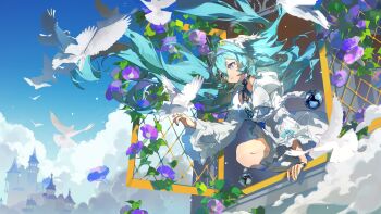 1girl absurdres ahoge animal animal_ears animal_on_hand bird black_hair blue_eyes blue_hair blue_sky commentary_request double_helix dress duet_night_abyss fina_(duet_night_abyss) flower gloves green_eyes hair_between_eyes hairband highres kaekaeki long_hair multiple_girls sky smile solo white_hair window wings