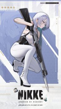 1girl bayonet black_choker black_coat black_corset blue_eyes breasts brid_(nikke) brid_(silent_track)_(nikke) choker coat collared_shirt corset goddess_of_victory:_nikke grey_hair gun hair_over_one_eye highres holding holding_gun holding_weapon large_breasts long_hair long_sleeves official_alternate_costume official_art shirt sleeveless sleeveless_shirt solo squatting weapon white_shirt