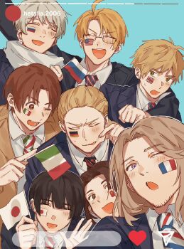 6+boys america_(hetalia) american_flag arms_up axis_powers_hetalia black-framed_eyewear black_hair black_jacket black_necktie blonde_hair blue_background blue_jacket blush brown_eyes brown_hair brown_jacket china_(hetalia) closed_eyes collared_shirt facial_hair flag france_(hetalia) french_flag german_flag germany_(hetalia) glasses green_eyes grey_hair hair_between_eyes hands_up happy heart highres hkym_kk holding holding_flag italian_flag jacket japan_(hetalia) japanese_flag lapels light_brown_hair long_sleeves looking_at_another looking_at_viewer male_focus multiple_boys necktie northern_italy_(hetalia) one_eye_closed open_clothes open_jacket open_mouth people's_republic_of_china_flag purple_eyes red_necktie russia_(hetalia) russian_flag scarf semi-rimless_eyewear shirt short_hair simple_background smile squeezing_cheeks striped_necktie sweatdrop teeth union_jack united_kingdom_(hetalia) upper_body v-shaped_eyebrows white_scarf white_shirt