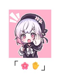 1girl :o absurdres beret black_hat cherry_blossoms chibi clenched_hand commentary emoji flower giorgio_(yo_sumire_sola1) gradient_hair hair_ornament hand_up hat highres long_sleeves looking_at_viewer mahou_shoujo_no_majo_saiban multicolored_hair neck_ribbon notice_lines open_hand open_mouth pink_background pink_eyes pink_hair ribbon sakuraba_ema short_hair solo sweatdrop symbol-only_commentary upper_body white_flower white_hair white_ribbon x_hair_ornament