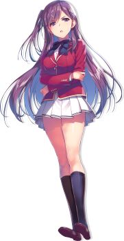 1girl absurdres advanced_nurturing_high_school_uniform black_bow black_bowtie black_socks blazer bow bowtie breasts brown_shoes crossed_arms full_body hair_ornament hairclip highres jacket kamuro_masumi kneehighs long_hair long_sleeves looking_at_viewer medium_breasts official_art one_side_up open_mouth pleated_skirt purple_eyes purple_hair red_jacket school_uniform shoes simple_background skirt socks solo standing tomose_shunsaku transparent_background white_skirt youkoso_jitsuryoku_shijou_shugi_no_kyoushitsu_e