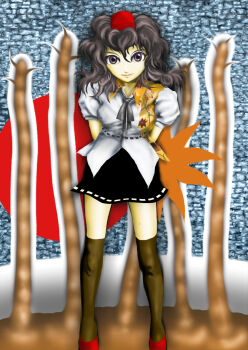 Rule 34 | 1girl, arms behind back, ascot, black ascot, black eyes, black hair, black skirt, black thighhighs, commentary request, hand fan, hat, holding, holding fan, kams, leaf print, maple leaf print, miniskirt, red shoes, shameimaru aya, shirt, shoes, skirt, thighhighs, tokin hat, touhou, white shirt