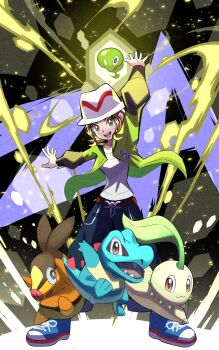 1girl bell-bottoms belt brown_eyes brown_hair chikorita gen_2_pokemon gen_5_pokemon gen_6_pokemon green_jacket hand_up harmony_(pokemon) hat highres inana_umi jacket legendary_pokemon nintendo open_clothes open_jacket open_mouth pants pokemon pokemon_legends:_z-a shirt short_hair starter_pokemon_trio striped_hat tepig totodile white_hat white_shirt zygarde zygarde_cell