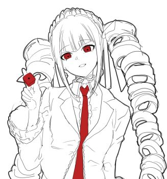 1girl :d arm_at_side celestia_ludenberg center_frills collared_shirt danganronpa:_trigger_happy_havoc danganronpa_(series) dice drill_hair frills hand_up headdress highres holding holding_dice jacket long_hair long_sleeves necktie nyapitalism open_clothes open_jacket open_mouth red_necktie shirt smile twin_drills twintails upper_body