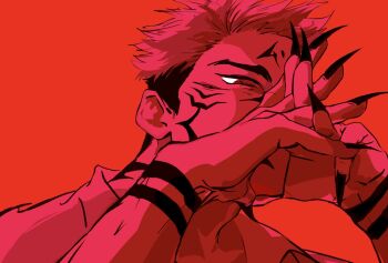 1boy a2b8y8ehgh1 arms_up collared_shirt commentary_request facial_mark fingernails highres jujutsu_kaisen long_fingernails looking_at_viewer male_focus monochrome multicolored_hair open_collar own_hands_together red_background red_theme ryoumen_sukuna_(jujutsu_kaisen) sharp_fingernails shirt short_hair simple_background solo two-tone_hair