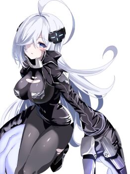 1girl black_leotard black_shoes blue_eyes bodysuit breasts chaos_zero_nightmare cleavage cleavage_cutout clothing_cutout euphina_(chaos_zero_nightmare) grey_bodysuit hair_over_one_eye highres large_breasts leotard long_hair looking_at_viewer open_mouth pantyhose poteto_furai shoes simple_background solo torn_clothes torn_pantyhose very_long_hair white_background white_hair