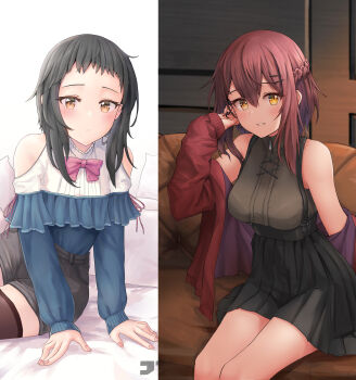 Rule 34 | 1boy, 1girl, absurdres, bare shoulders, bed sheet, black hair, black shorts, blue shirt, blush, bow, braid, breasts, brown eyes, brown thighhighs, cardigan, closed mouth, clothing cutout, collared shirt, column lineup, commentary request, couch, crossdressing, crossdressing (mtf), double-parted bangs, feet out of frame, furrowed brow, hair between eyes, hair ornament, hairclip, hand up, highres, indoors, jtleeklm, large breasts, long hair, long sleeves, looking at viewer, male focus, multicolored shirt, no shoes, off shoulder, original, parted lips, pillow, pink bow, pleated skirt, red cardigan, red hair, shirt, shirt tucked in, short messy bangs, short shorts, shorts, shoulder cutout, sidelocks, sitting, skirt, smile, teeth, thighhighs, ting (jtleeklm), two-tone sweater, white shirt, wish (jtleeklm), yokozuwari