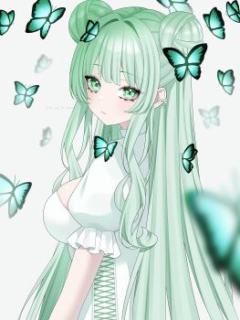 1girl absurdres artist_name blush breasts bug butterfly closed_mouth commentary dress eyelashes frilled_sleeves frills from_side green_butterfly green_hair grey_background hair_bun highres insect large_breasts long_hair long_sidelocks looking_at_viewer original puffy_short_sleeves puffy_sleeves short_sleeves sidelocks simple_background solo symbol-only_commentary thighhighs wanko_(yurika0320) white_dress