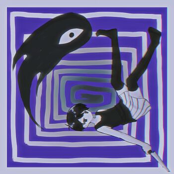 1boy antenna_hair black_eyes black_hair black_tank_top black_thighhighs chromatic_aberration closed_mouth colored_skin commentary double-parted_bangs expressionless full_body hair_between_eyes highres holding holding_knife knife looking_at_viewer male_focus omori omori_(omori) short_hair shorts solo something_(omori) striped_clothes striped_shorts symbol-only_commentary tank_top thighhighs true_erg vertical-striped_clothes vertical-striped_shorts white_shorts white_skin