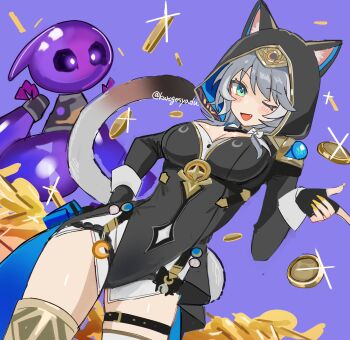 1girl ;o animal_ears animal_hood black_gloves black_leotard blue_eyes boots breasts cat_ears cat_girl cat_hood cat_tail cipher_(honkai:_star_rail) cleavage coin commentary_request fingerless_gloves gloves gold_boots gold_coin grey_hair highres honkai:_star_rail honkai_(series) hood hooded_leotard kuromu_shado leotard one_eye_closed purple_background short_hair_with_long_locks shorts spirithief_bartholos_(honkai:_star_rail) tail thighs twitter_username white_shorts yellow_nails