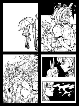 1boy 3girls absurdres animal_ears blush boots bow clenched_teeth closed_eyes closed_mouth commentary_request crown crutch ear_ribbon ear_through_crown faceless faceless_female fingernails floating_cape footwear_bow frilled_skirt frills from_behind greyscale hair_over_one_eye high-waist_skirt highres holding holding_crutch holding_umbrella horse_ears horse_girl horse_tail jewelry knee_boots korean_commentary long_hair long_sleeves meisho_doto_(umamusume) mini_crown miniskirt monochrome multiple_girls narita_top_road_(the_proud_road)_(umamusume) narita_top_road_(umamusume) newtype_flash otkflbst pleated_skirt pointy_nose racing ring running school_uniform shaded_face shirt shoes skirt sneakers sparkle sweat t-shirt t.m._opera_o_(o_sole_suo!)_(umamusume) t.m._opera_o_(umamusume) tail teeth thighhighs tracen_school_uniform trainer_(umamusume) umamusume umamusume:_road_to_the_top umbrella umbrella_over_shoulder vest zettai_ryouiki