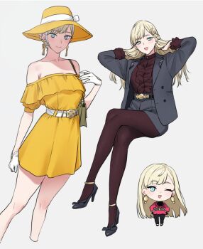 Rule 34 | 1girl, anklet, bag, bare shoulders, belt, belt buckle, black pants, black ribbon, black shoes, blonde hair, blue eyes, breasts, brown pantyhose, brown shirt, buckle, chibi, chibi inset, cleavage, closed mouth, collarbone, commentary request, cropped legs, crossed legs, dress, earrings, feet out of frame, full body, gigi andalusia, gloves, gold anklet, gold earrings, grey background, grey jacket, grey skirt, gundam, gundam hathaway's flash, hair ornament, hairclip, hands in own hair, hands on own hips, hat, jacket, jewelry, kiya hajime, long hair, looking at viewer, medium breasts, multiple views, neck ribbon, off-shoulder dress, off shoulder, one eye closed, open mouth, pants, pantyhose, pink jacket, ribbon, shirt, shoes, short dress, shoulder bag, skirt, smile, solo, straight hair, suit jacket, sun hat, updo, white belt, white gloves, yellow hat