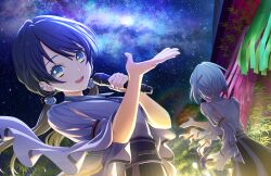 Rule 34 | 2girls, :d, black skirt, blue eyes, blue hair, bob cut, collared shirt, colored inner hair, dark blue hair, earrings, game cg, grey hair, grey shirt, half-sleeves, highres, holding, holding microphone, inverted bob, jewelry, link! like! love live!, long hair, looking at viewer, love live!, low twintails, microphone, mirage voyage (love live!), multicolored hair, multiple girls, murano sayaka, nebula, night, night sky, official art, open hand, open mouth, pleated skirt, red hair, shirt, short hair, short sleeves, skirt, sky, smile, solo focus, star (sky), starry sky, teeth, third-party source, twintails, upper teeth only, virtual youtuber, yugiri tsuzuri