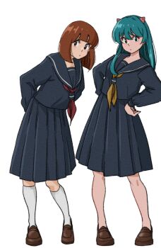 2girls aqua_hair black_sailor_collar black_serafuku black_shirt black_skirt brown_hair brown_shoes commentary cone_horns hands_on_own_hips highres horns kneehighs loafers long_hair looking_at_viewer lum medium_hair miyake_shinobu multiple_girls neckerchief poppowerhearts red_neckerchief sailor_collar school_uniform serafuku shirt shoes simple_background skirt socks urusei_yatsura white_background white_socks yellow_neckerchief