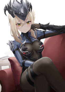 1girl absurdres black_gloves blonde_hair blue_shrug bodystocking breasts closed_mouth commentary_request couch crossed_legs duet_night_abyss gauntlets gloves gun hair_between_eyes harurunoe hat highres long_hair looking_at_viewer lynn_(duet_night_abyss) medium_breasts on_couch see-through_cleavage see-through_clothes shrug_(clothing) sidelocks sitting solo table thigh_strap tricorne weapon yellow_eyes