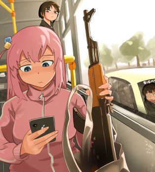 3girls absurdres ak-47 assault_rifle bag blue_eyes bocchi_the_rock! brown_eyes brown_hair bus bus_interior car cellphone chainsaw_man cube_hair_ornament day gotoh_hitori gun hair_ornament higashiyama_kobeni highres iwakura_lain jacket kalashnikov_rifle long_hair long_sleeves looking_at_another looking_at_phone motor_vehicle multiple_girls one_side_up phone pink_hair pink_jacket rifle scared serial_experiments_lain short_hair smartphone tote_bag track_jacket weapon window zumpling